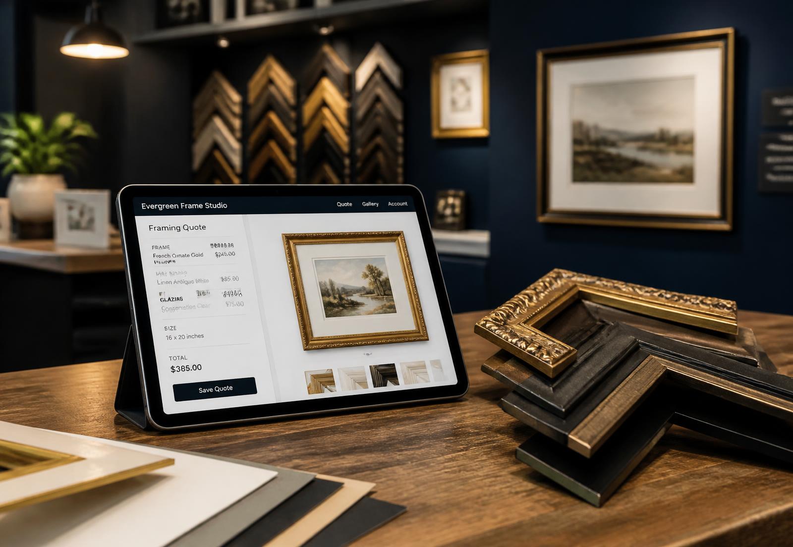 Frame It Fast running on a tablet at a framing shop counter beside moulding corner samples